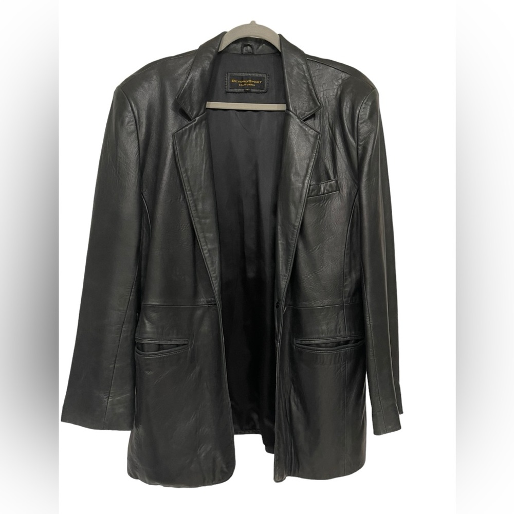 Beyond Sport California Soft Black 100% Leather One Button Jacket Pockets Sz L